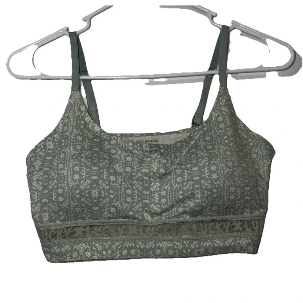 Lucky Brand Women's Bralette Large L Green Bandana White Floral Paisley Boho Bra